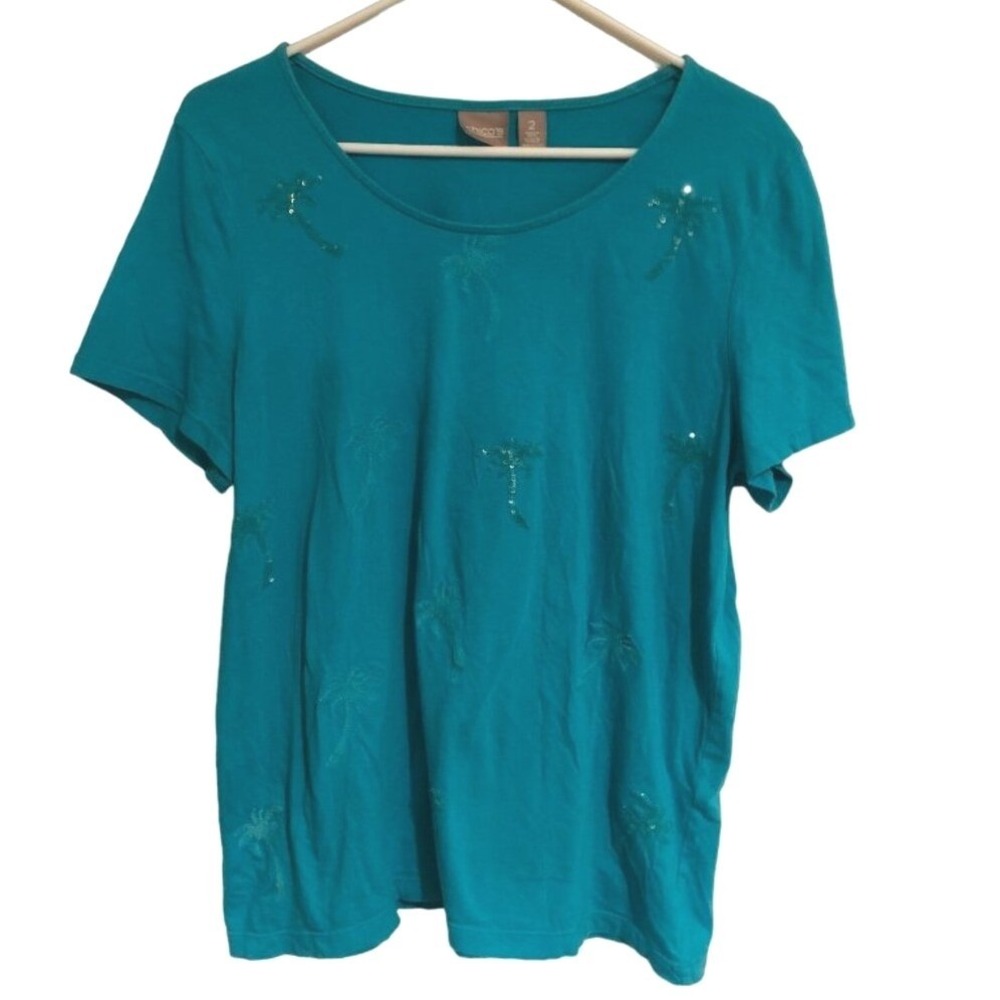 Chicos Teal Blue Palm Tree Sequin Short Sleeve Top Womens Large Cotton Modal